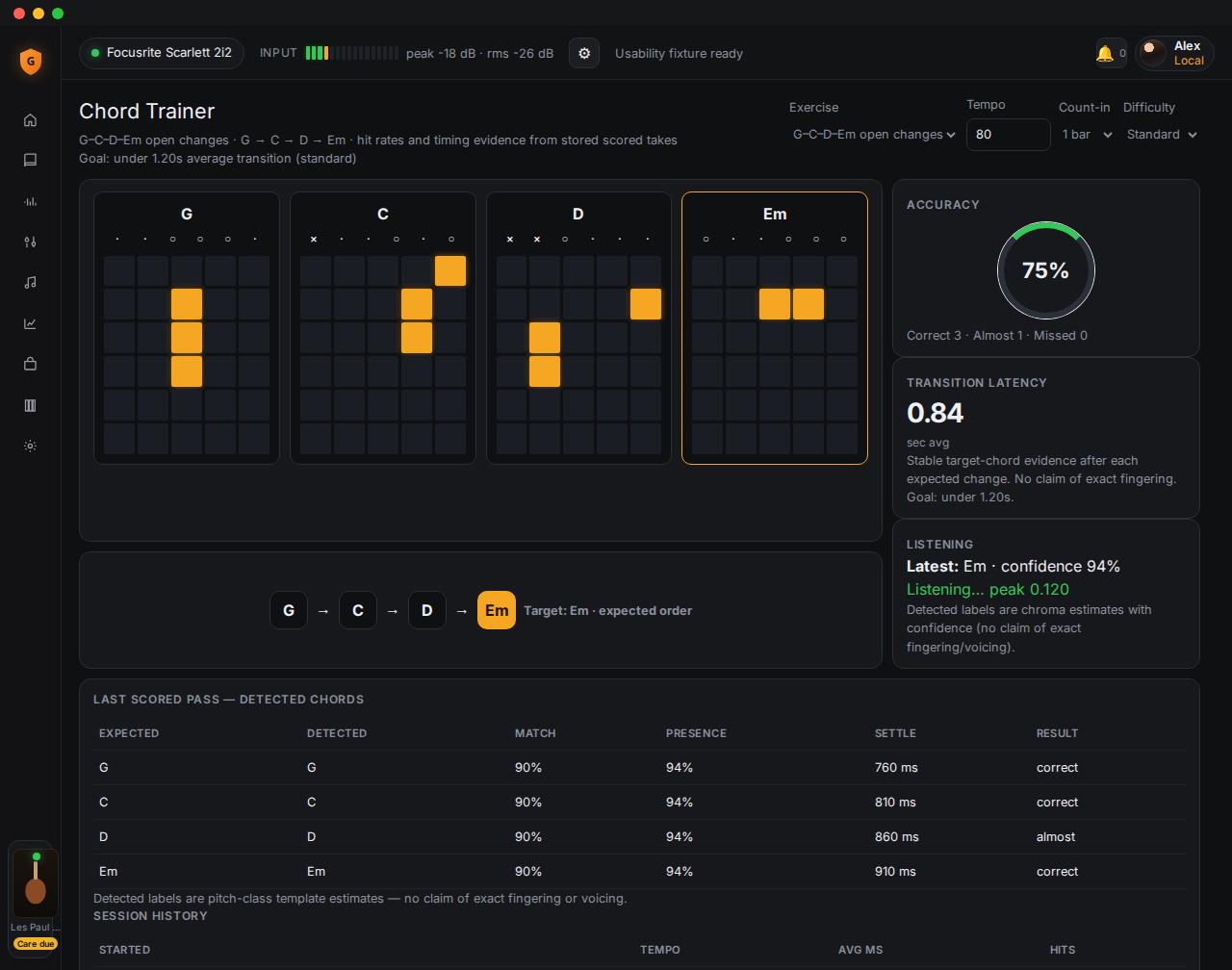 Chord Trainer showing an open-chord progression, accuracy, transition latency, and detected chords