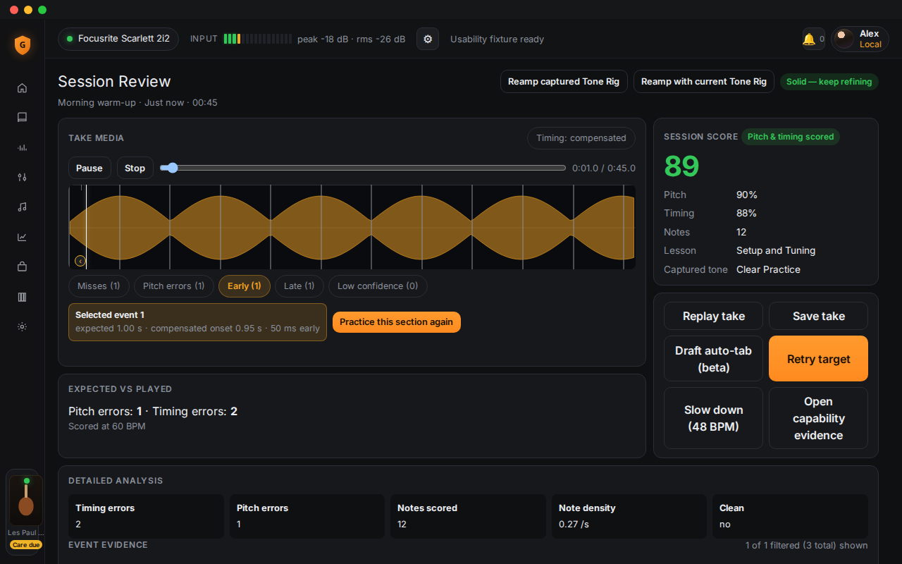 Session Review with waveform, early-note filter, selected event, and retry controls